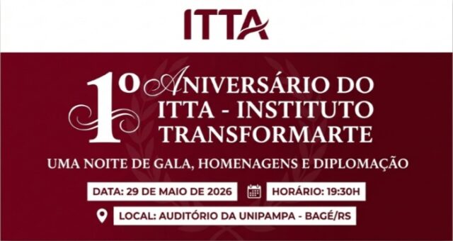 Convite bordô do 1º Aniversário do Instituto TransformArte (ITTA) com informações sobre a Noite de Gala na Unipampa em Bagé.